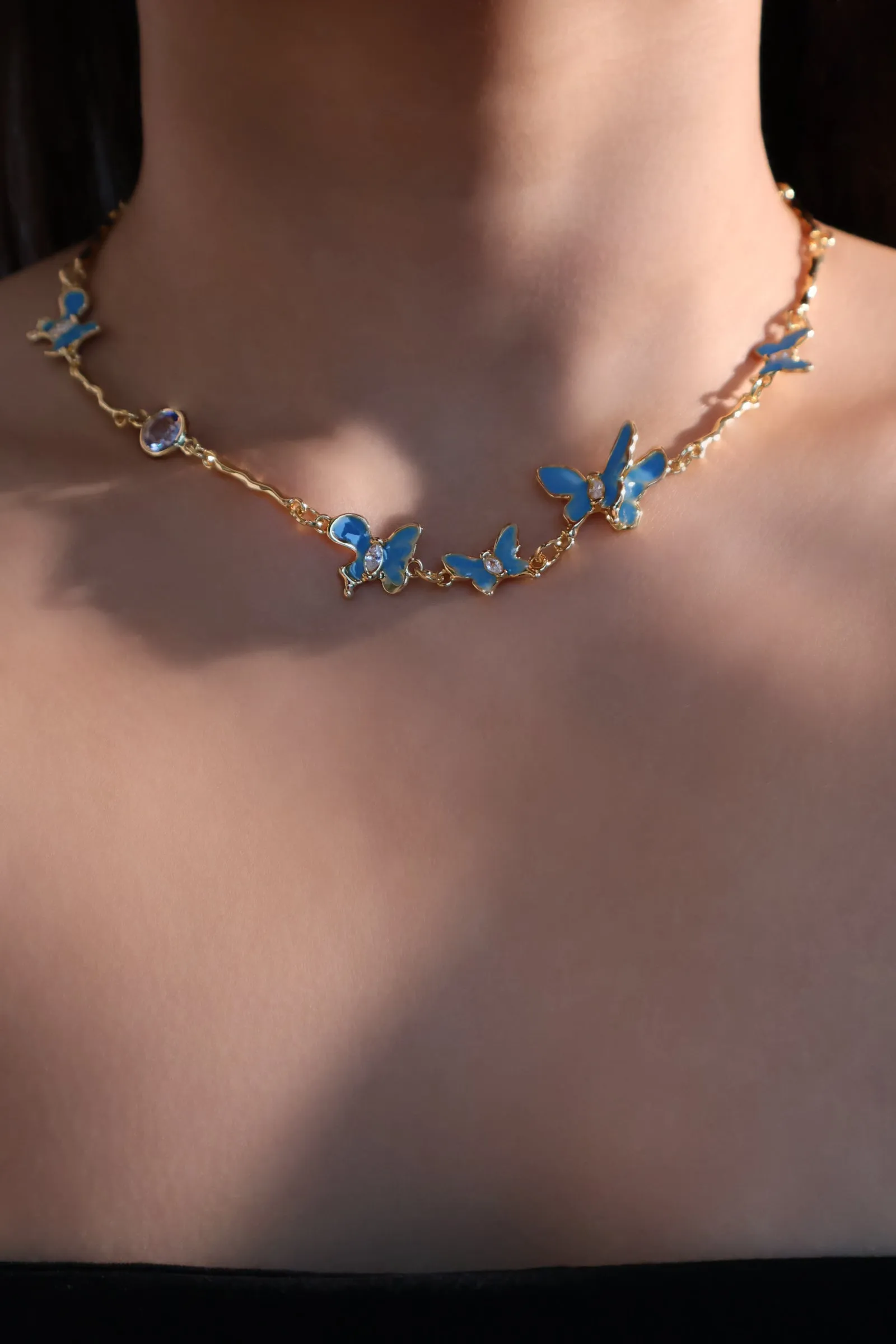 18K Real Gold Plated Blue Butterfly Fluttering Necklace