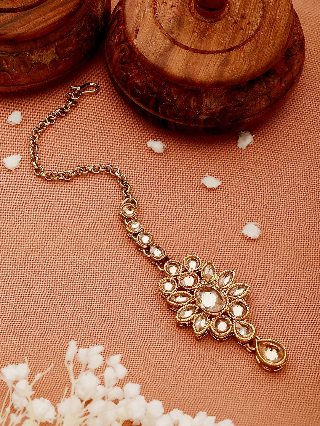 22K Gold-Plated White Kundan Studded Handcrafted Maangtika.