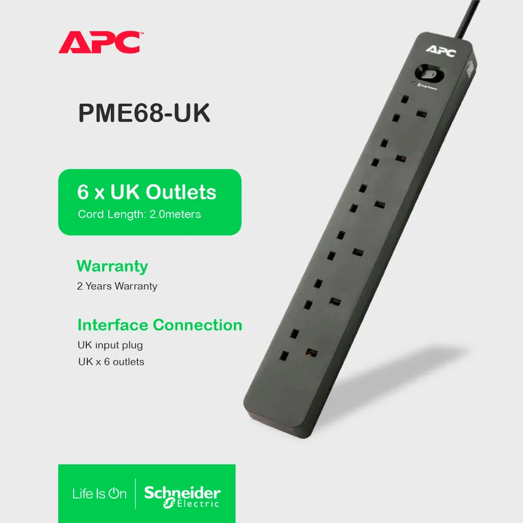 APC PME6B-UK / PME6U2B-UK (2 USB Port) SurgeArrest Essential Surge Protector 6 Outlets Extension Socket (2m)