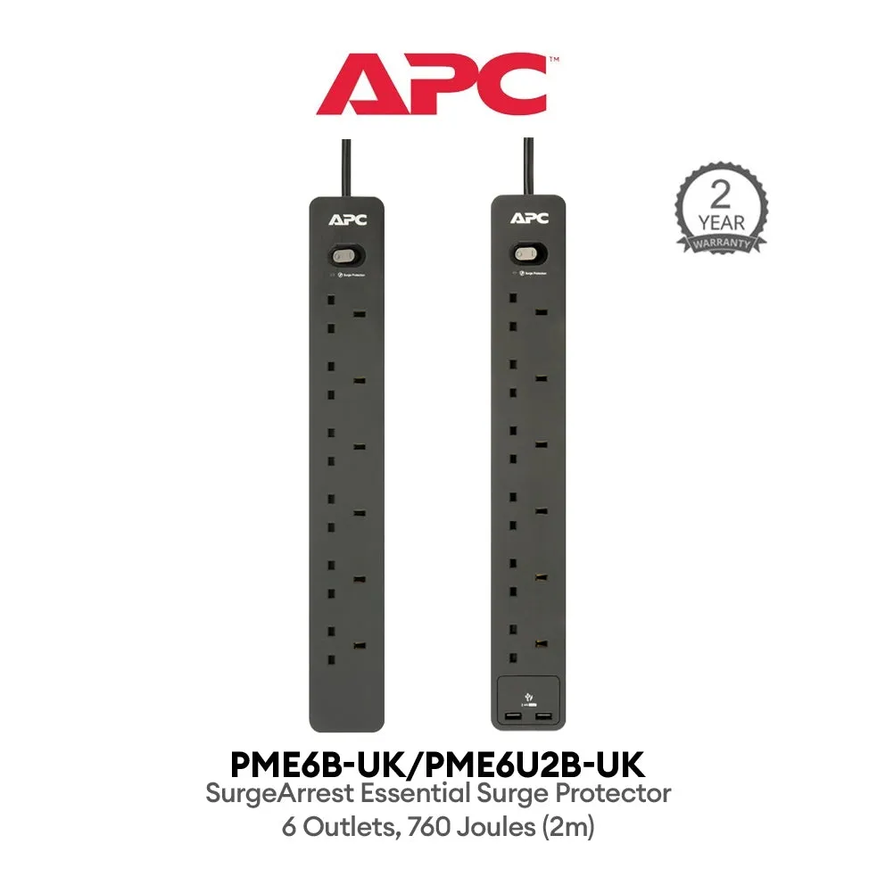 APC PME6B-UK / PME6U2B-UK (2 USB Port) SurgeArrest Essential Surge Protector 6 Outlets Extension Socket (2m)