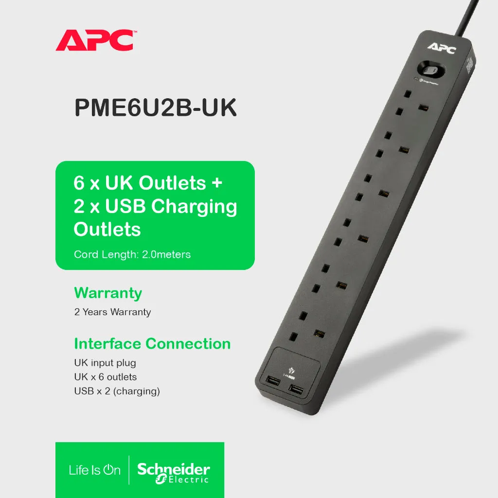 APC PME6B-UK / PME6U2B-UK (2 USB Port) SurgeArrest Essential Surge Protector 6 Outlets Extension Socket (2m)