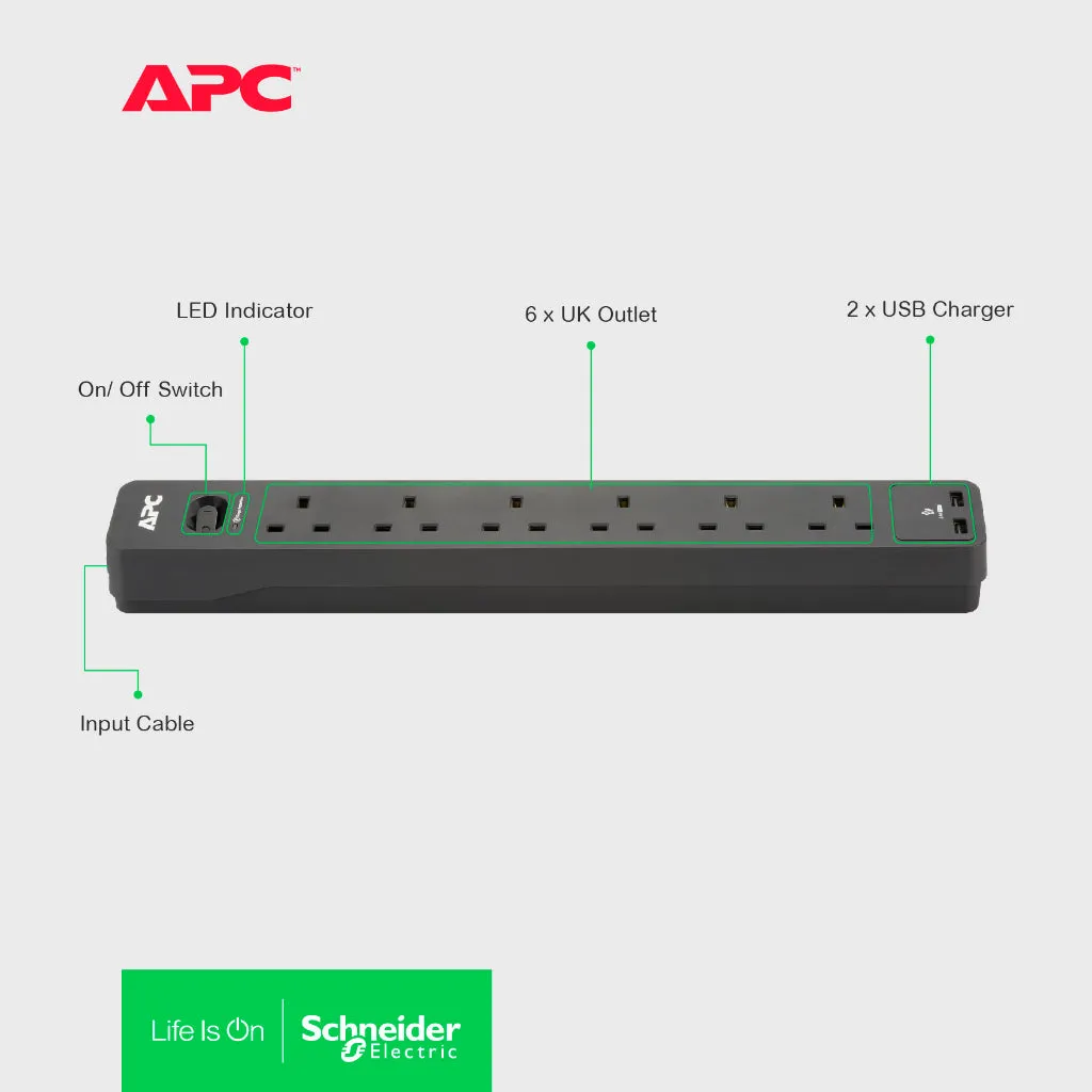 APC PME6B-UK / PME6U2B-UK (2 USB Port) SurgeArrest Essential Surge Protector 6 Outlets Extension Socket (2m)