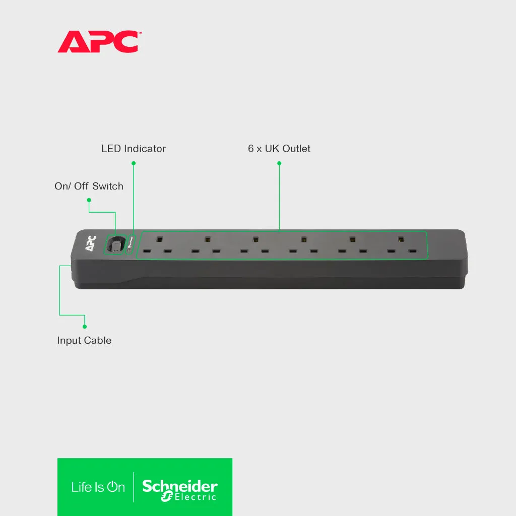 APC PME6B-UK / PME6U2B-UK (2 USB Port) SurgeArrest Essential Surge Protector 6 Outlets Extension Socket (2m)