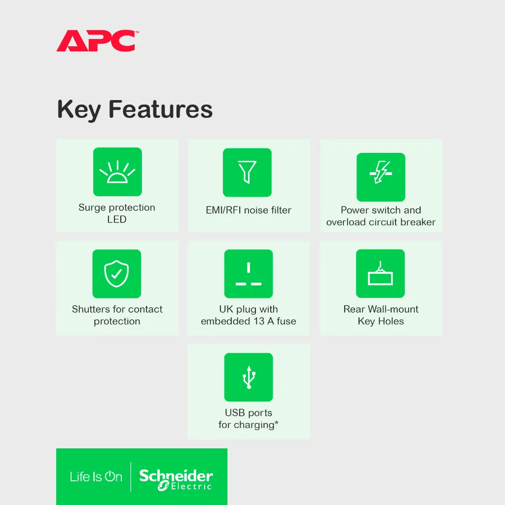 APC PME6B-UK / PME6U2B-UK (2 USB Port) SurgeArrest Essential Surge Protector 6 Outlets Extension Socket (2m)