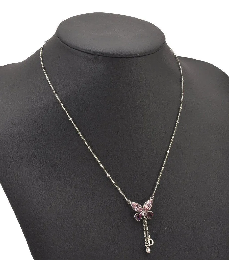 Auth Christian Dior Silver Tone Bijou Butterfly Chain Pendant Necklace 1084I