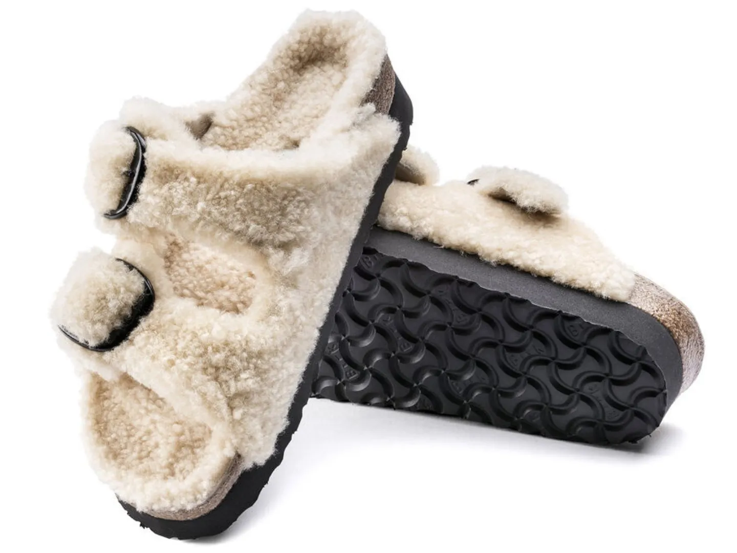 Birkenstock: Arizona Platform Big Buckle in Teddy Eggshell Shearling