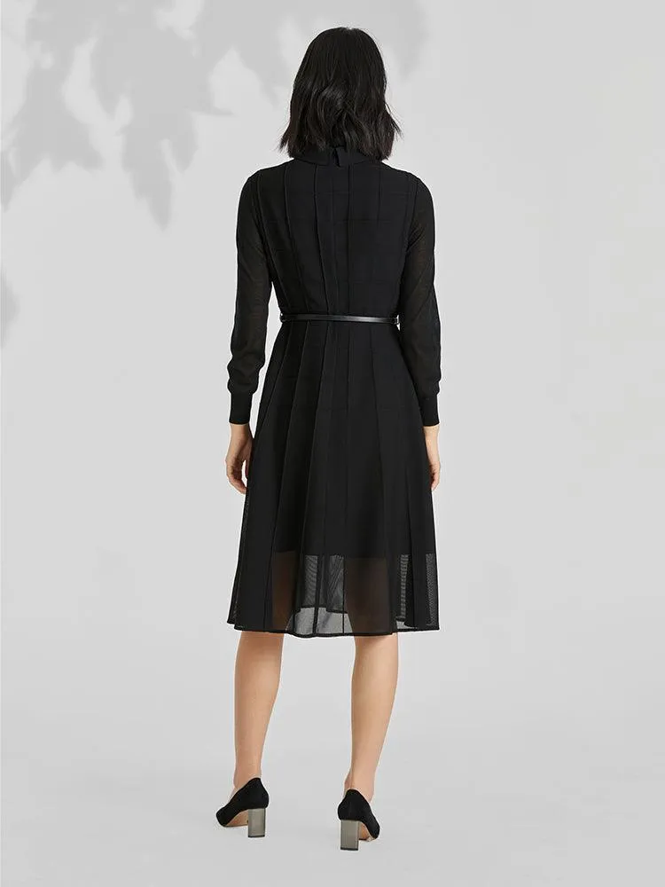 Black Triacetate Mesh Long Sleeve Dress With Belt