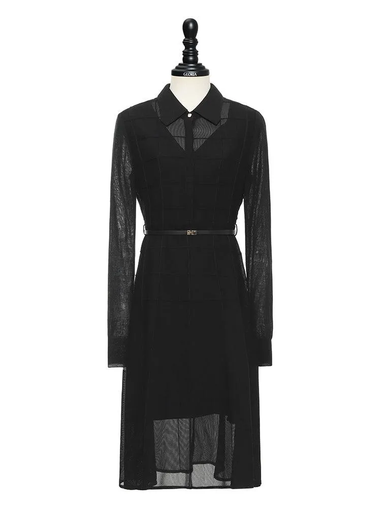 Black Triacetate Mesh Long Sleeve Dress With Belt