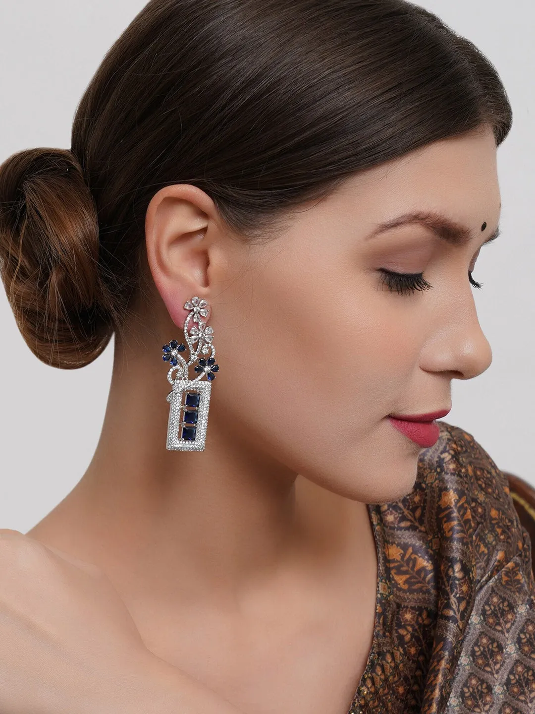 Blue & Silver-Toned Floral American Diamond Studded Drop Earrings