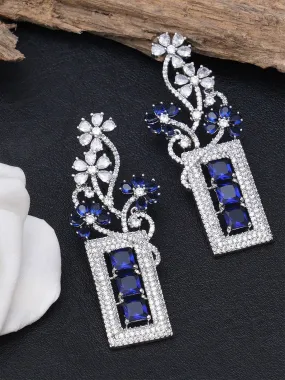 Blue & Silver-Toned Floral American Diamond Studded Drop Earrings