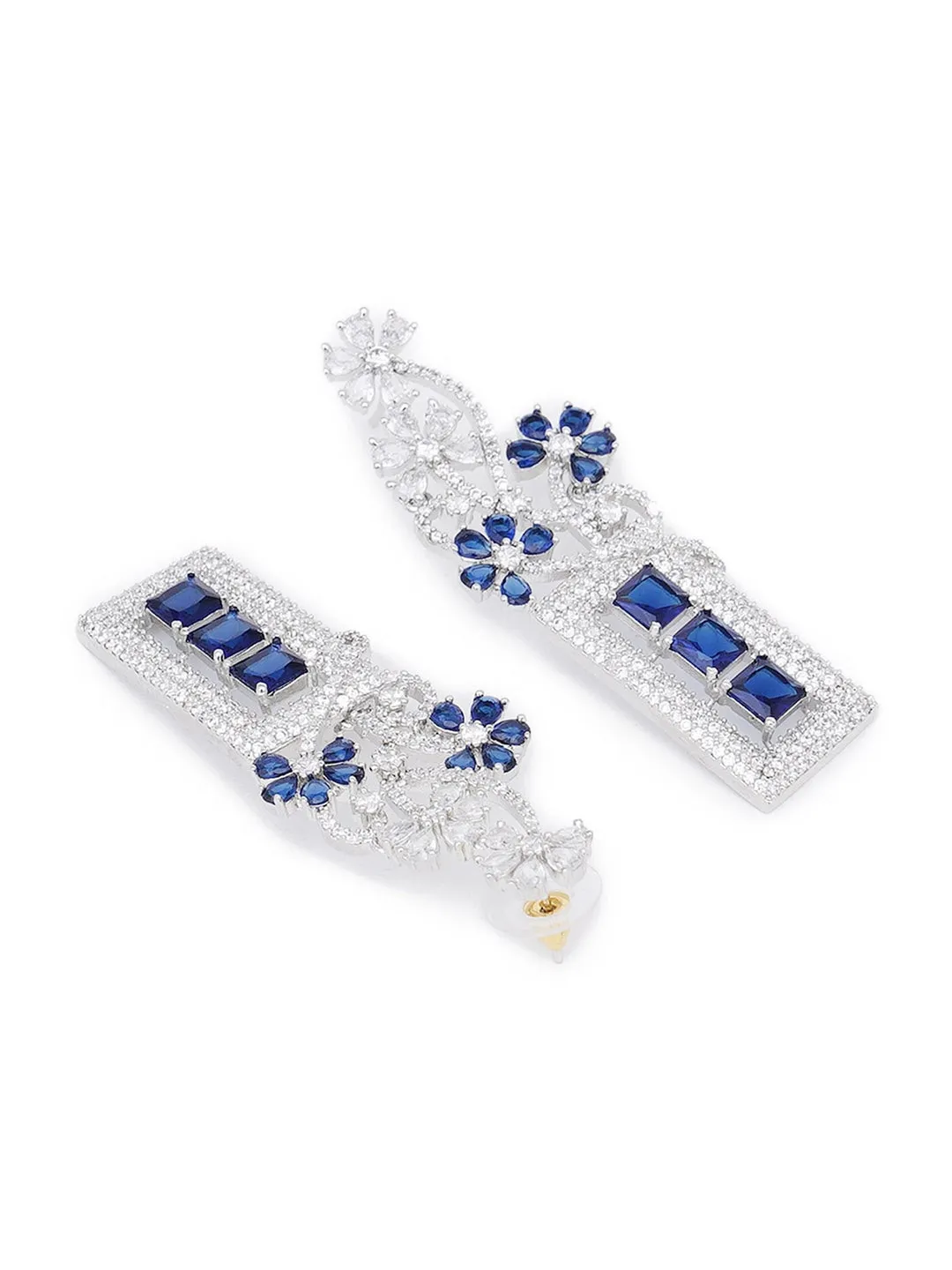 Blue & Silver-Toned Floral American Diamond Studded Drop Earrings