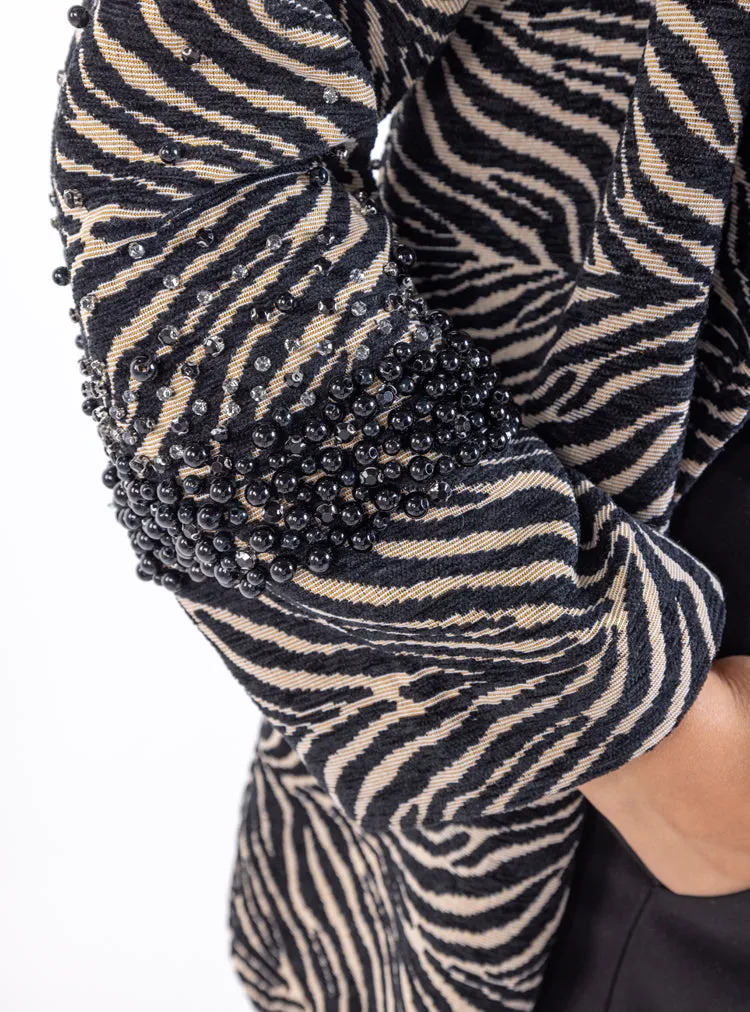 Bold Black Zebra Print Blazer with Beaded Sleeves