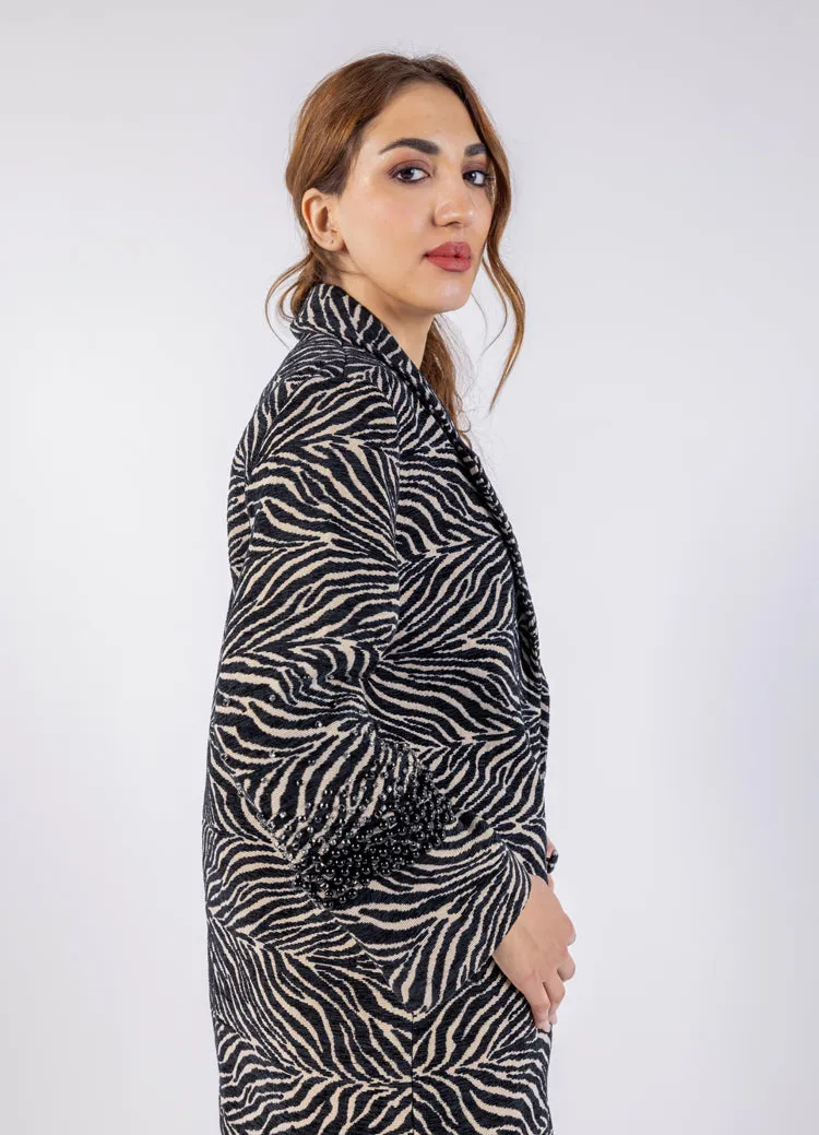 Bold Black Zebra Print Blazer with Beaded Sleeves