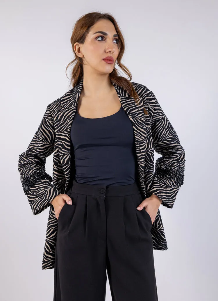 Bold Black Zebra Print Blazer with Beaded Sleeves