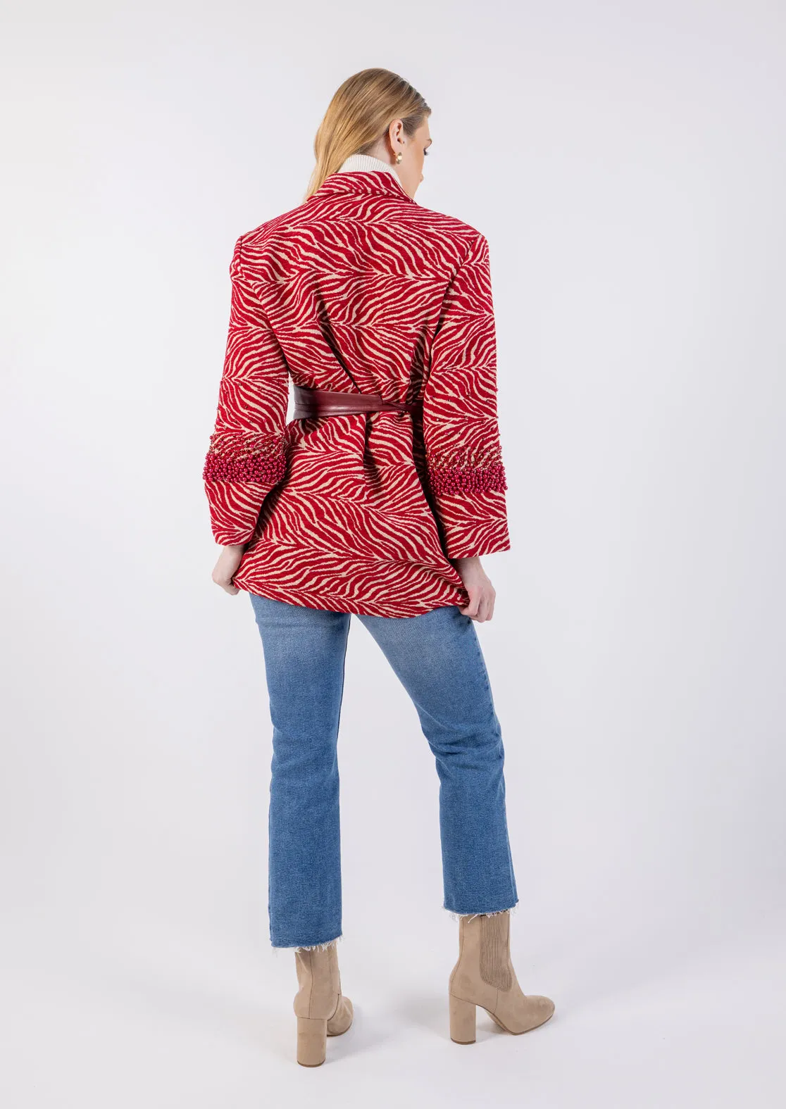 Bold Red Zebra Print Blazer with Beaded Sleeves