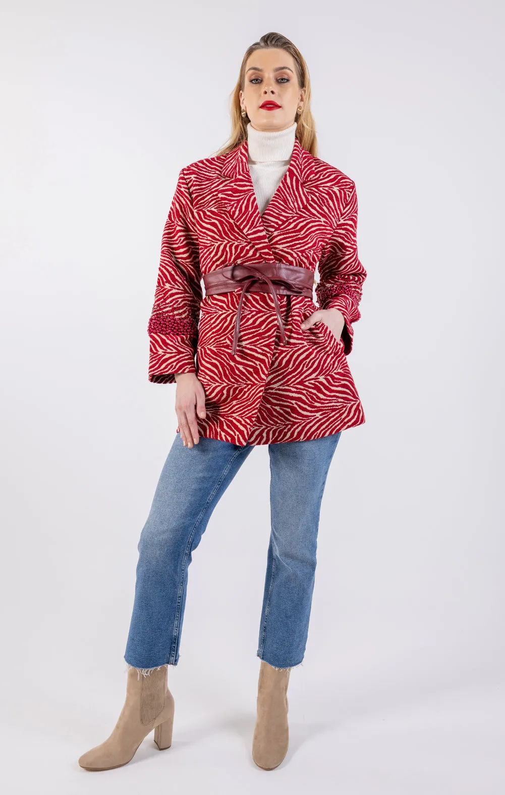 Bold Red Zebra Print Blazer with Beaded Sleeves