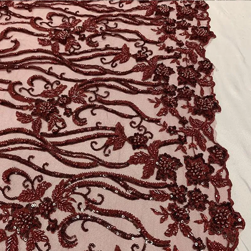 Burgundy Beaded Fabric Luxury Fabric Embroidery Fabric Fashion Fabric