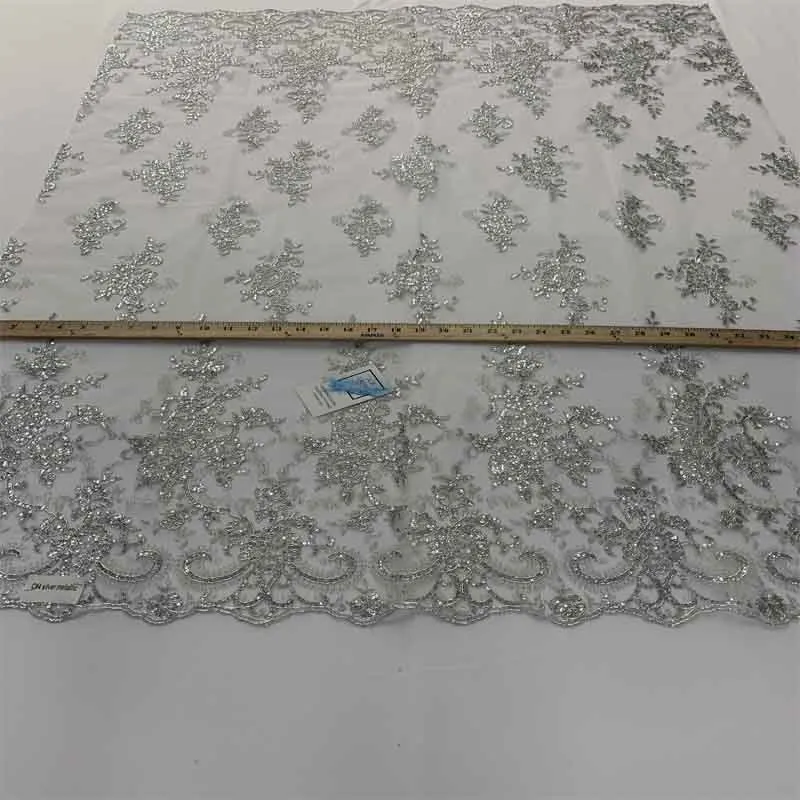 Embroidered Bridal Fabric Mesh Lace Floral Flowers Fabric Sold by the Yard