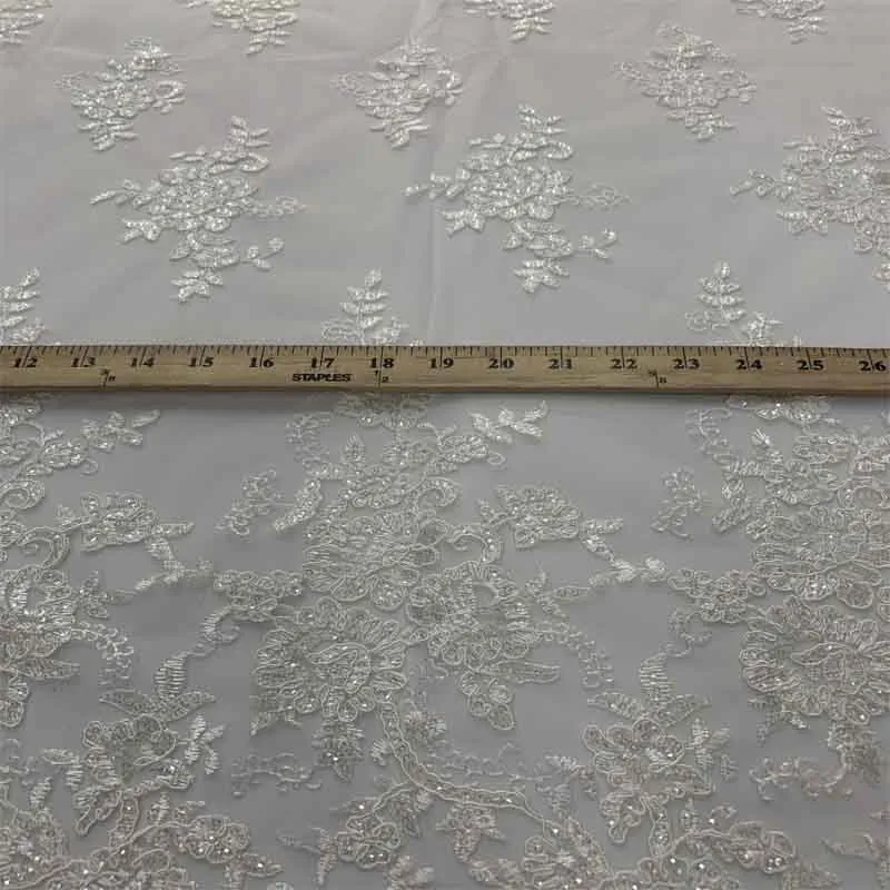 Embroidered Bridal Fabric Mesh Lace Floral Flowers Fabric Sold by the Yard