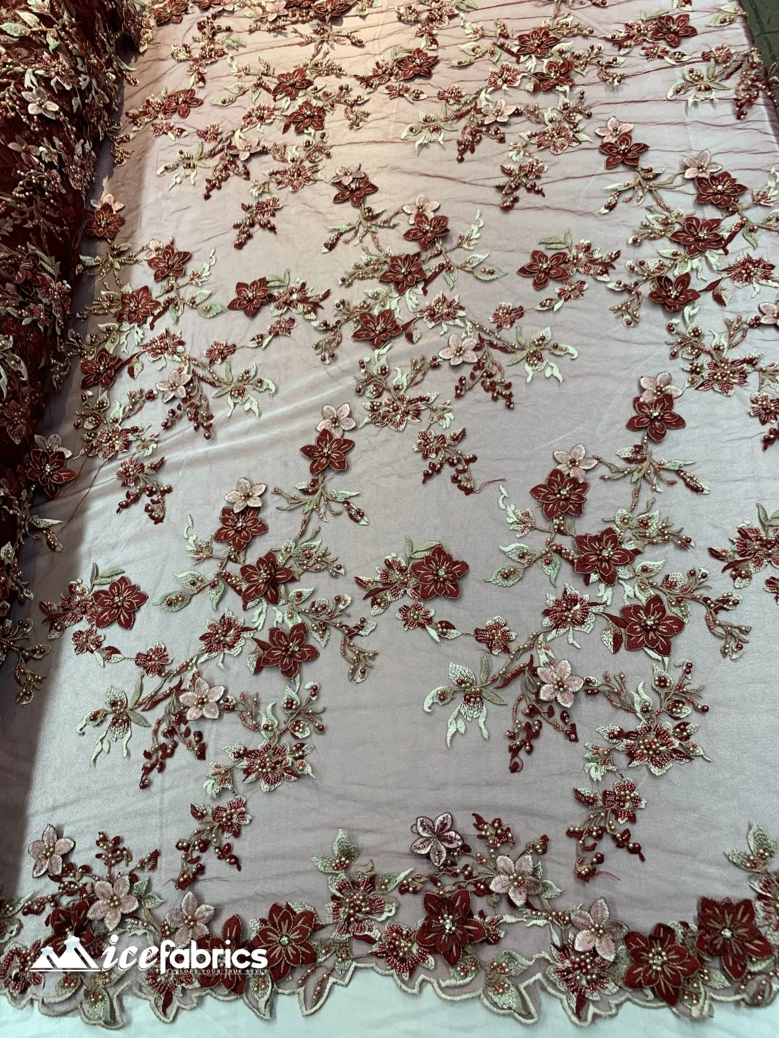 Embroidered Fabric/ 3D Flowers Beaded Fabric/ Lace Fabric/ Burgundy