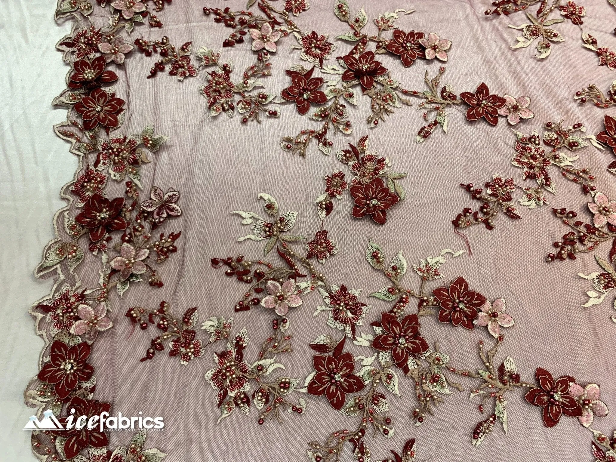 Embroidered Fabric/ 3D Flowers Beaded Fabric/ Lace Fabric/ Burgundy