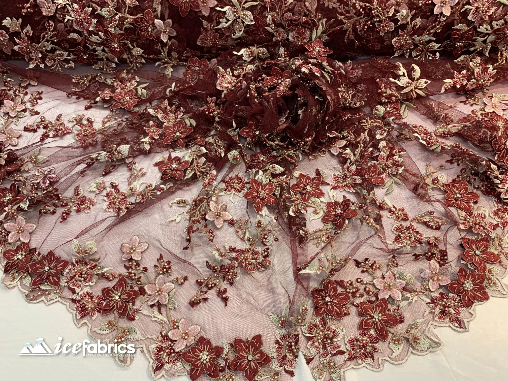 Embroidered Fabric/ 3D Flowers Beaded Fabric/ Lace Fabric/ Burgundy