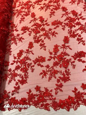 Embroidered Fabric/ 3D Flowers Beaded Fabric/ Lace Fabric/ Red