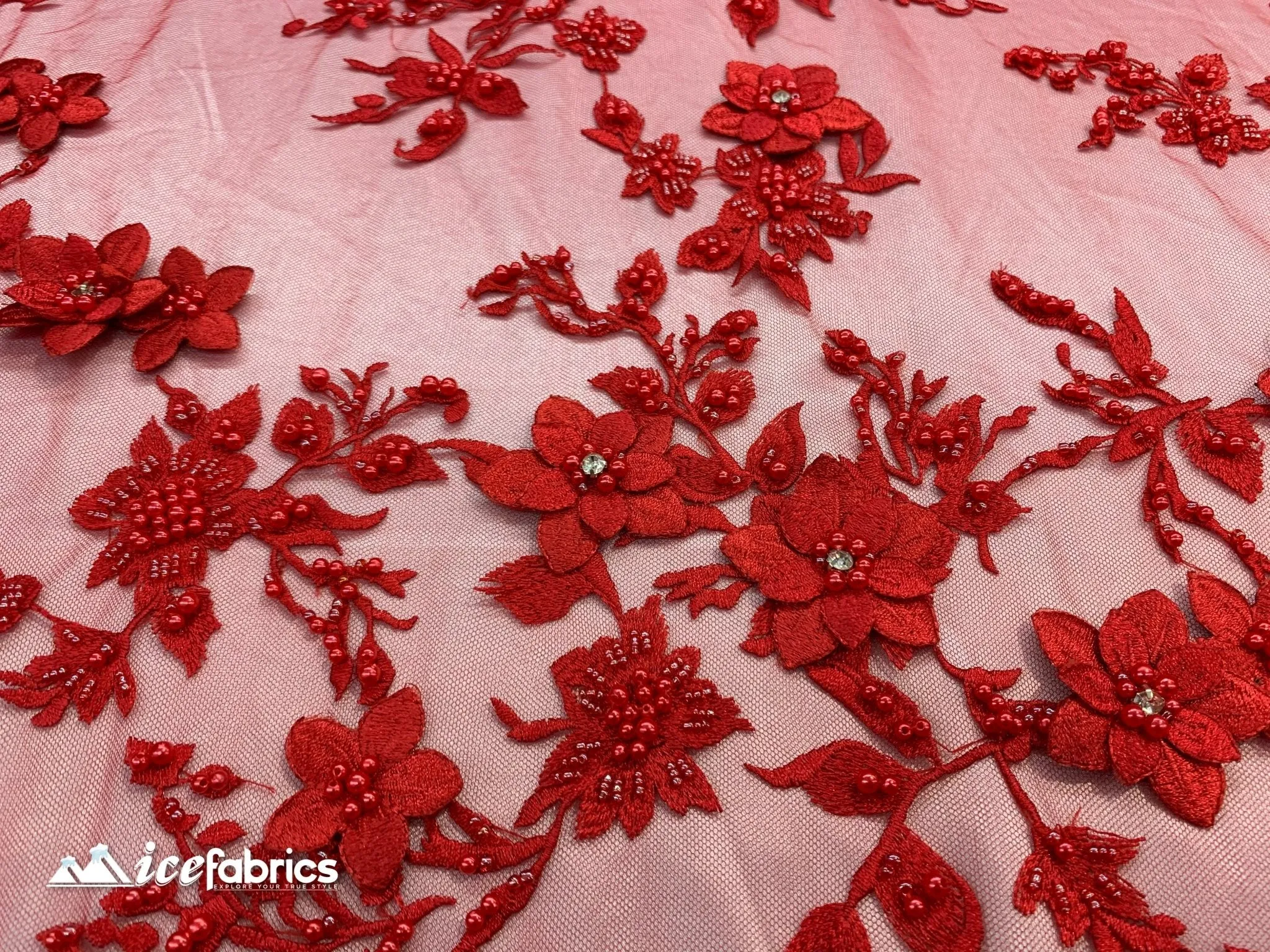 Embroidered Fabric/ 3D Flowers Beaded Fabric/ Lace Fabric/ Red