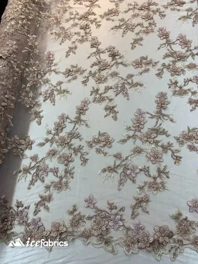 Embroidered Fabric/ 3D Flowers Beaded Fabric/ Lace Fabric/ Rose Gold