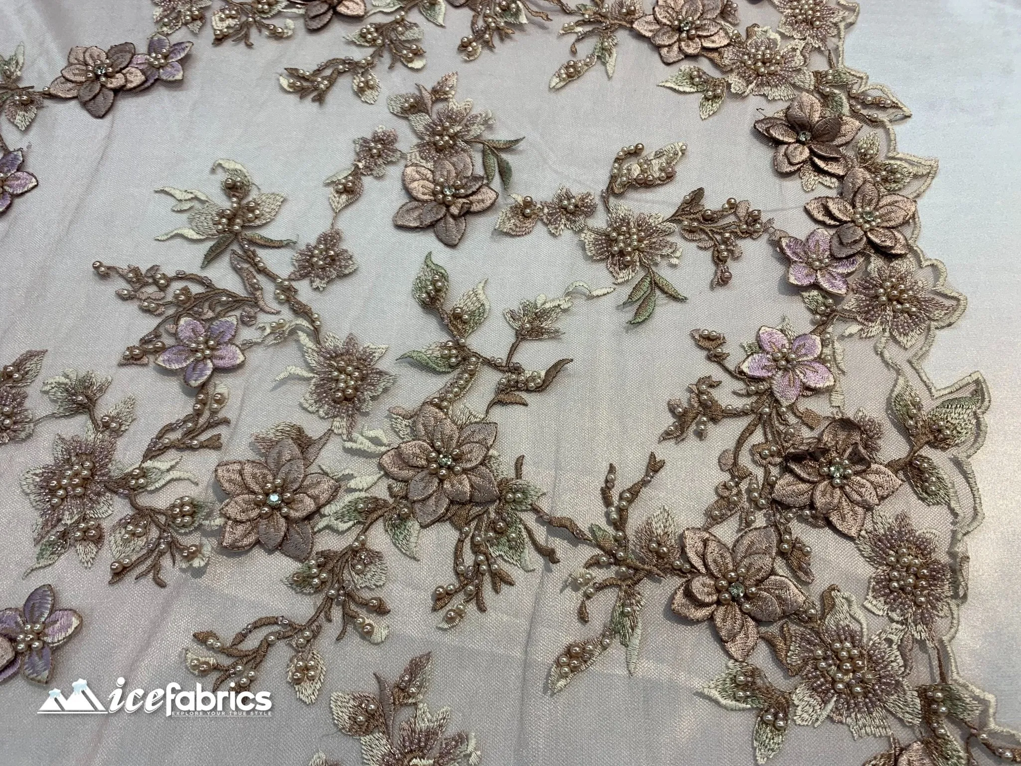 Embroidered Fabric/ 3D Flowers Beaded Fabric/ Lace Fabric/ Rose Gold