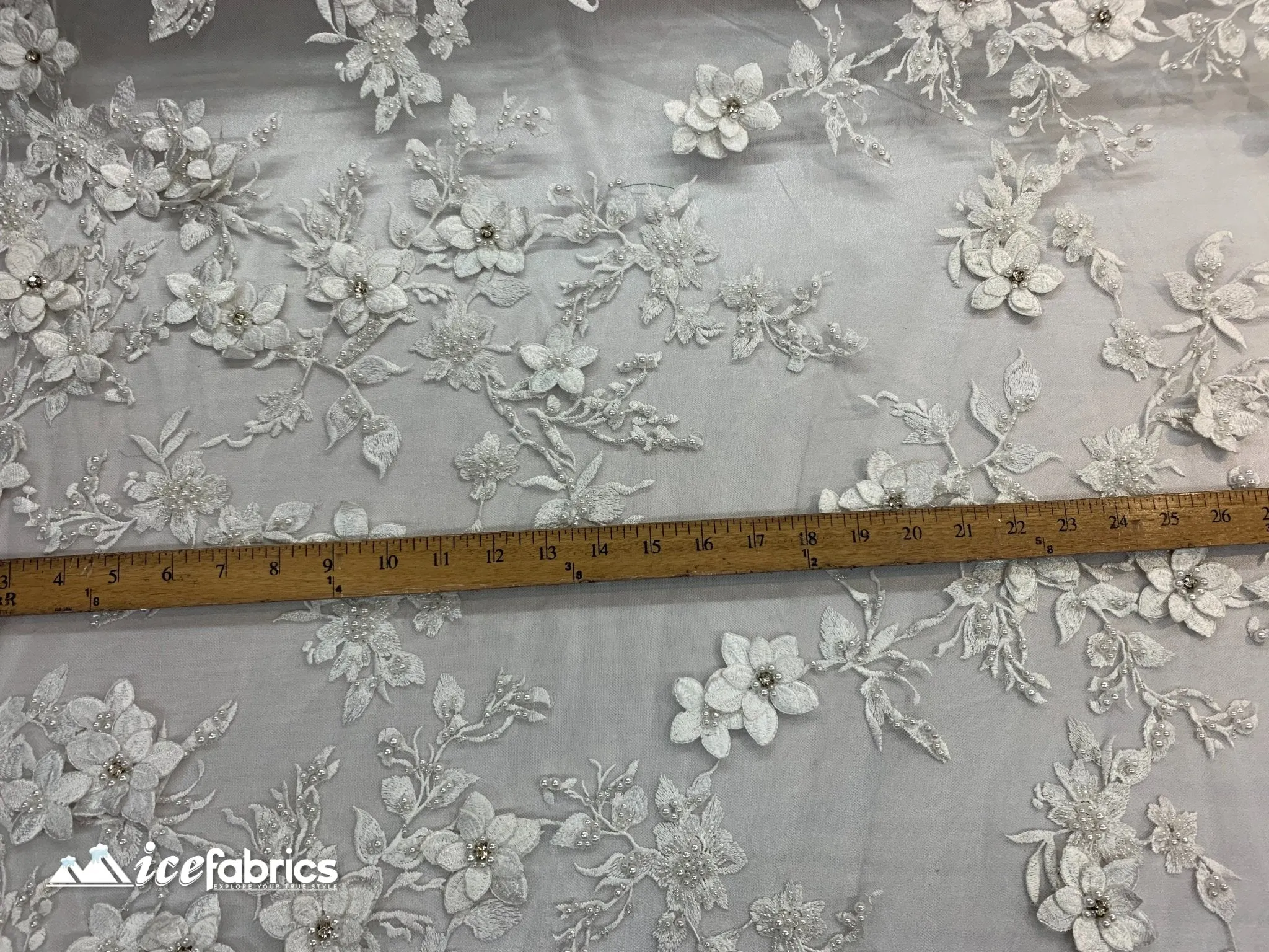 Embroidered Fabric/ 3D Flowers Beaded Fabric/ Lace Fabric/ White