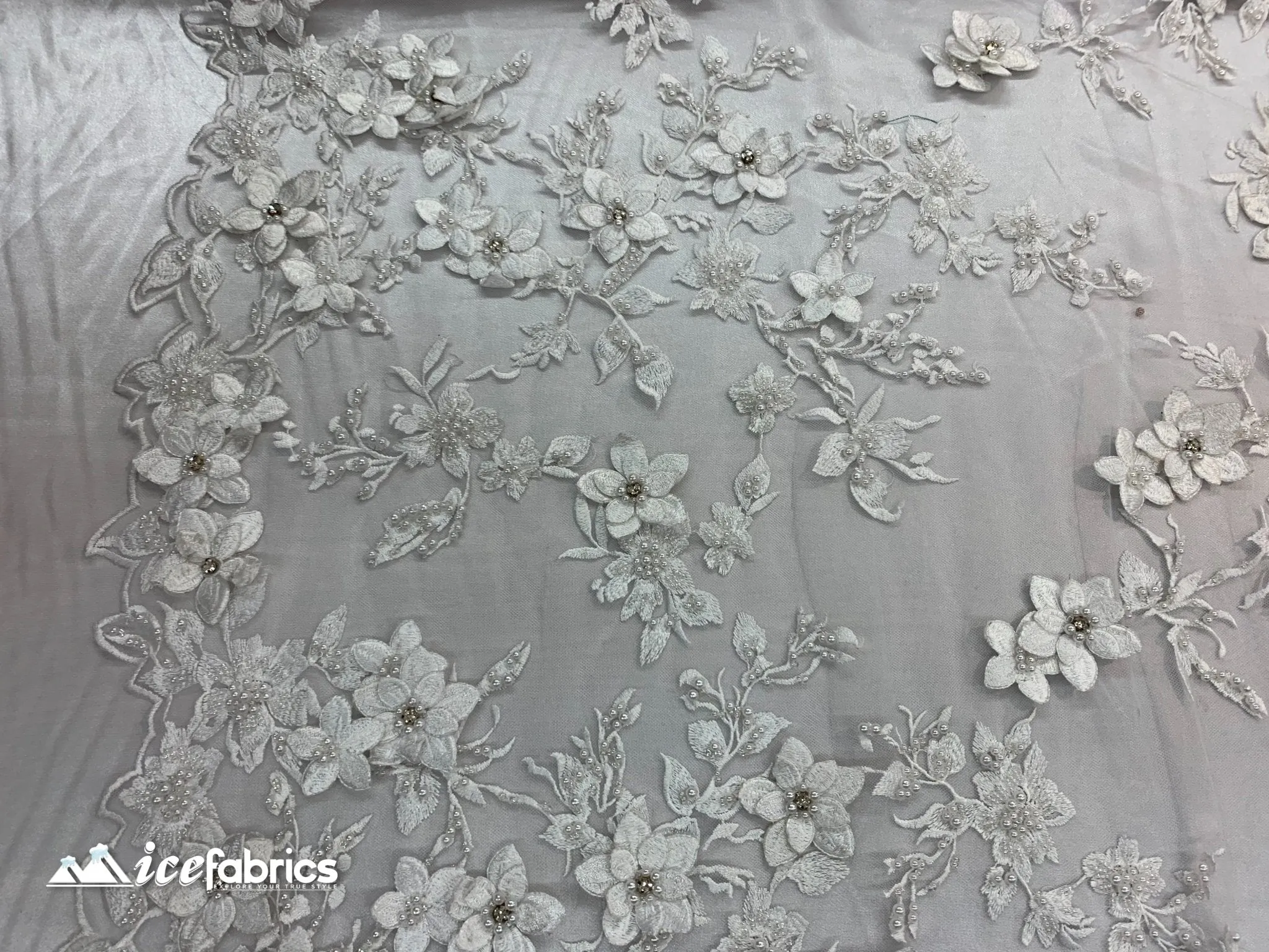 Embroidered Fabric/ 3D Flowers Beaded Fabric/ Lace Fabric/ White