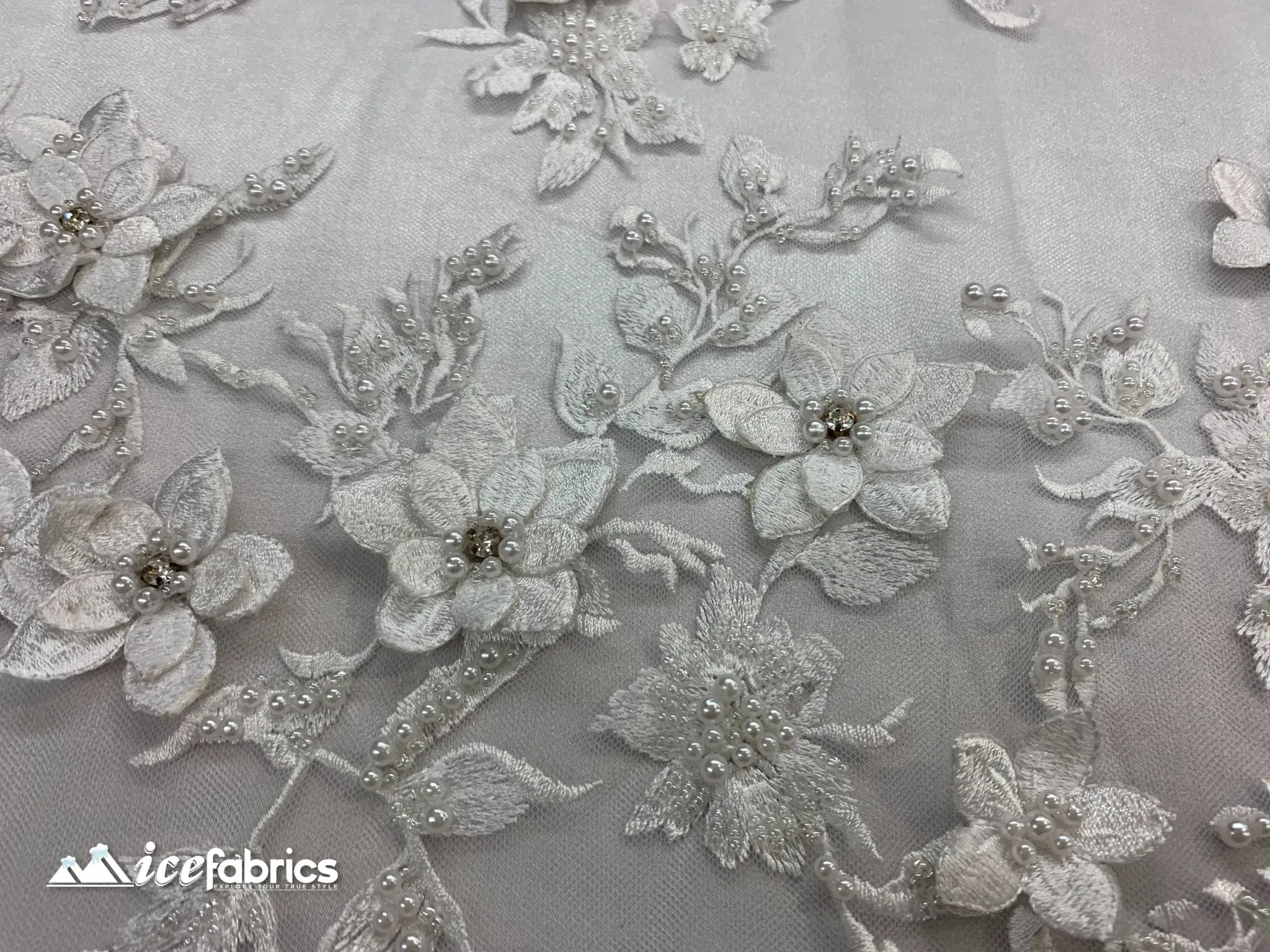 Embroidered Fabric/ 3D Flowers Beaded Fabric/ Lace Fabric/ White