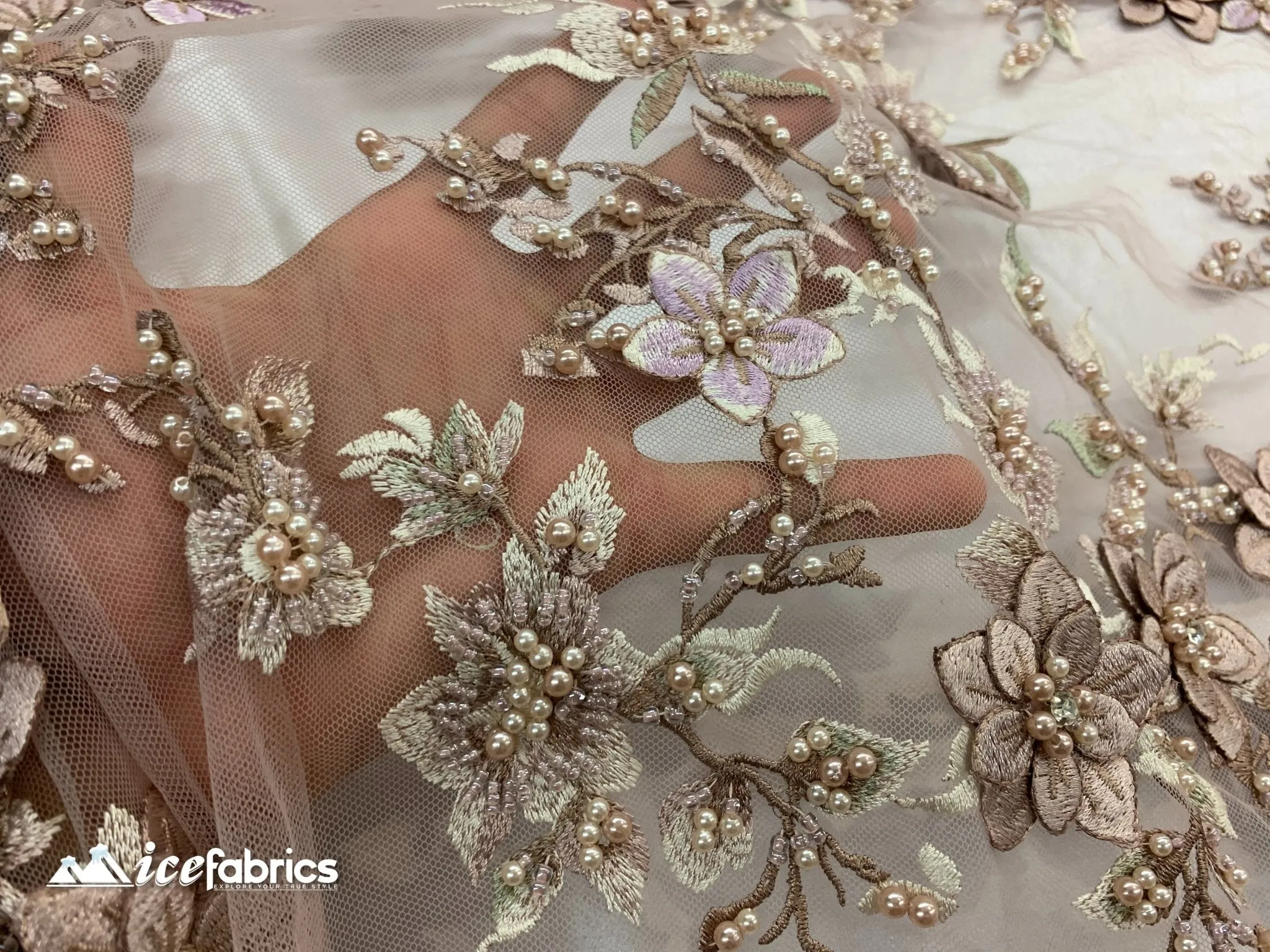 Flowers Embroidered Beaded Fabric/ Mesh Lace Fabric/ Bridal Fabric/