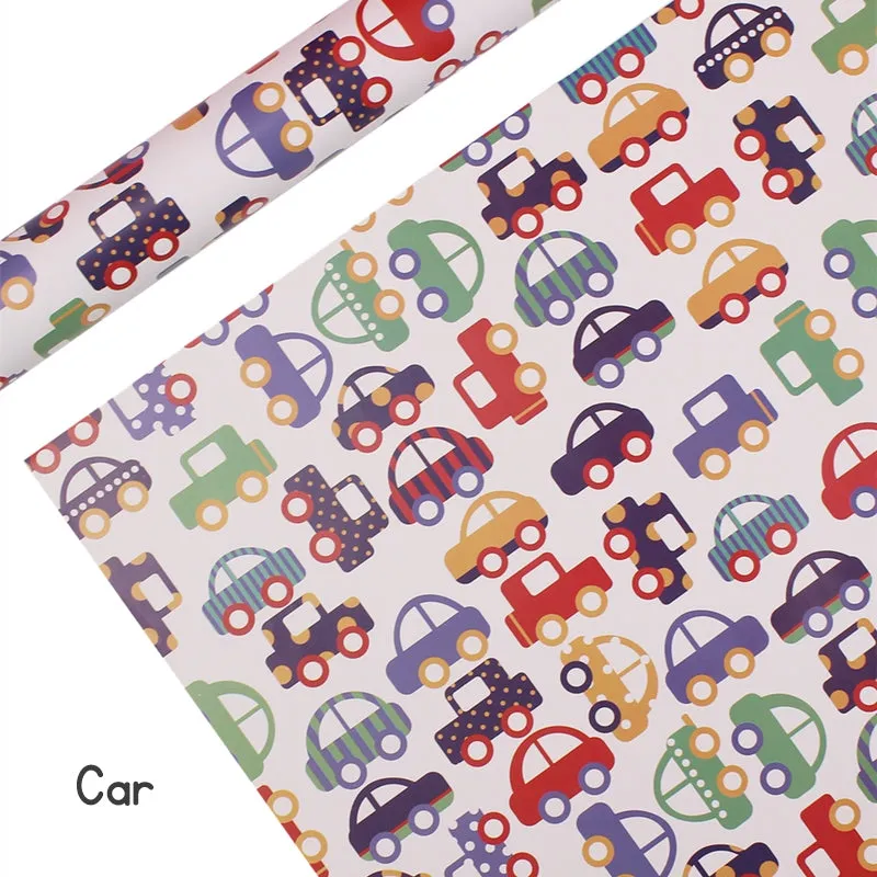 Gift wrapping service with cartoon birthday present wrapping paper sheets, kindergarten craft paper