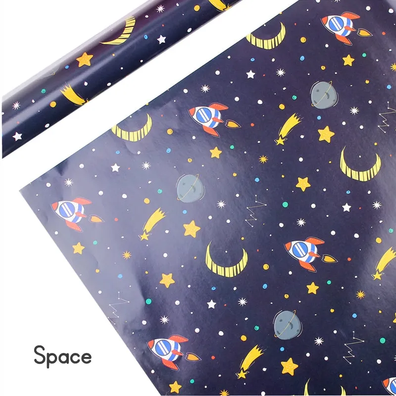 Gift wrapping service with cartoon birthday present wrapping paper sheets, kindergarten craft paper