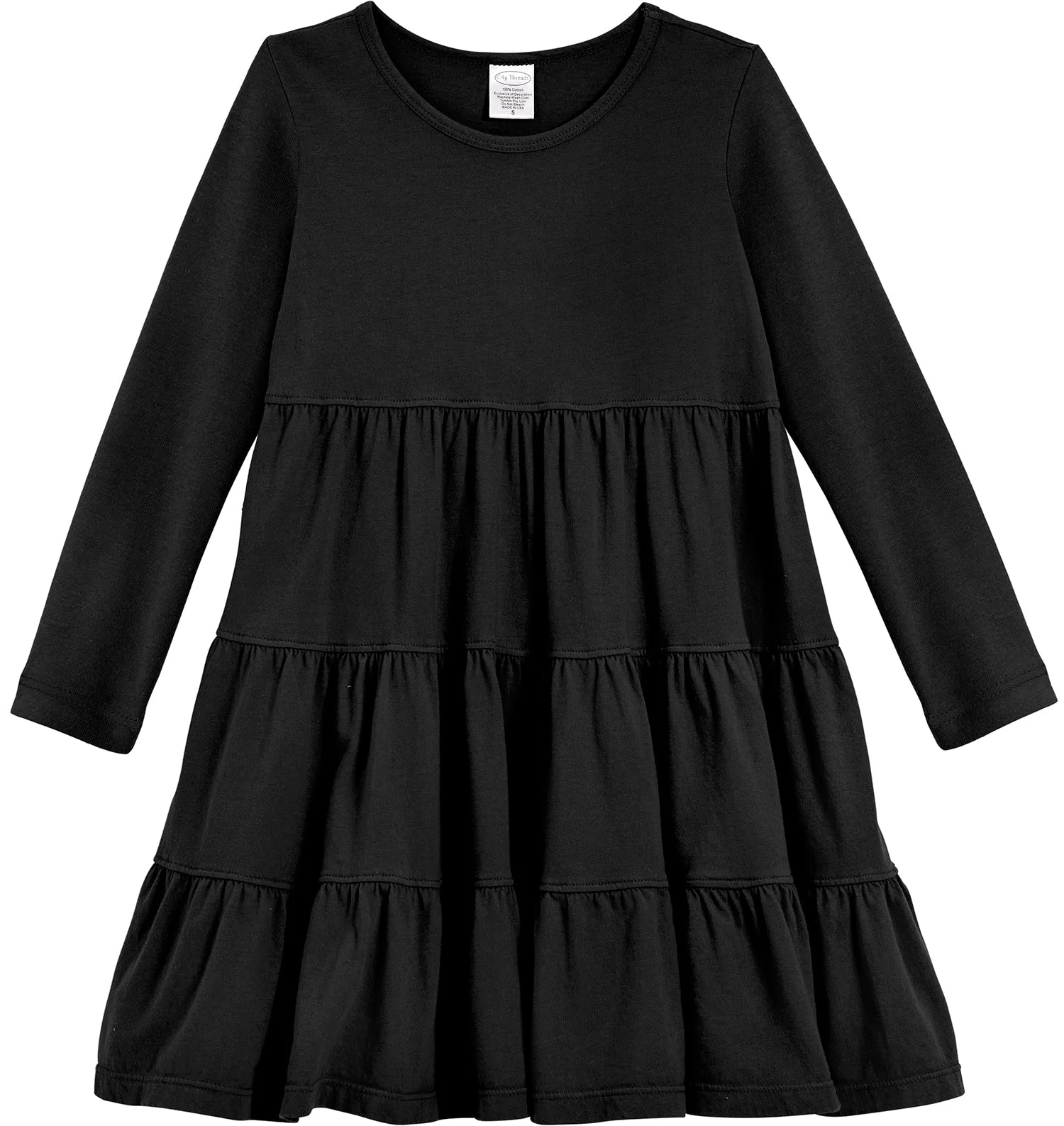 Girls Soft Cotton Jersey Long Sleeve Tiered Dress | Black