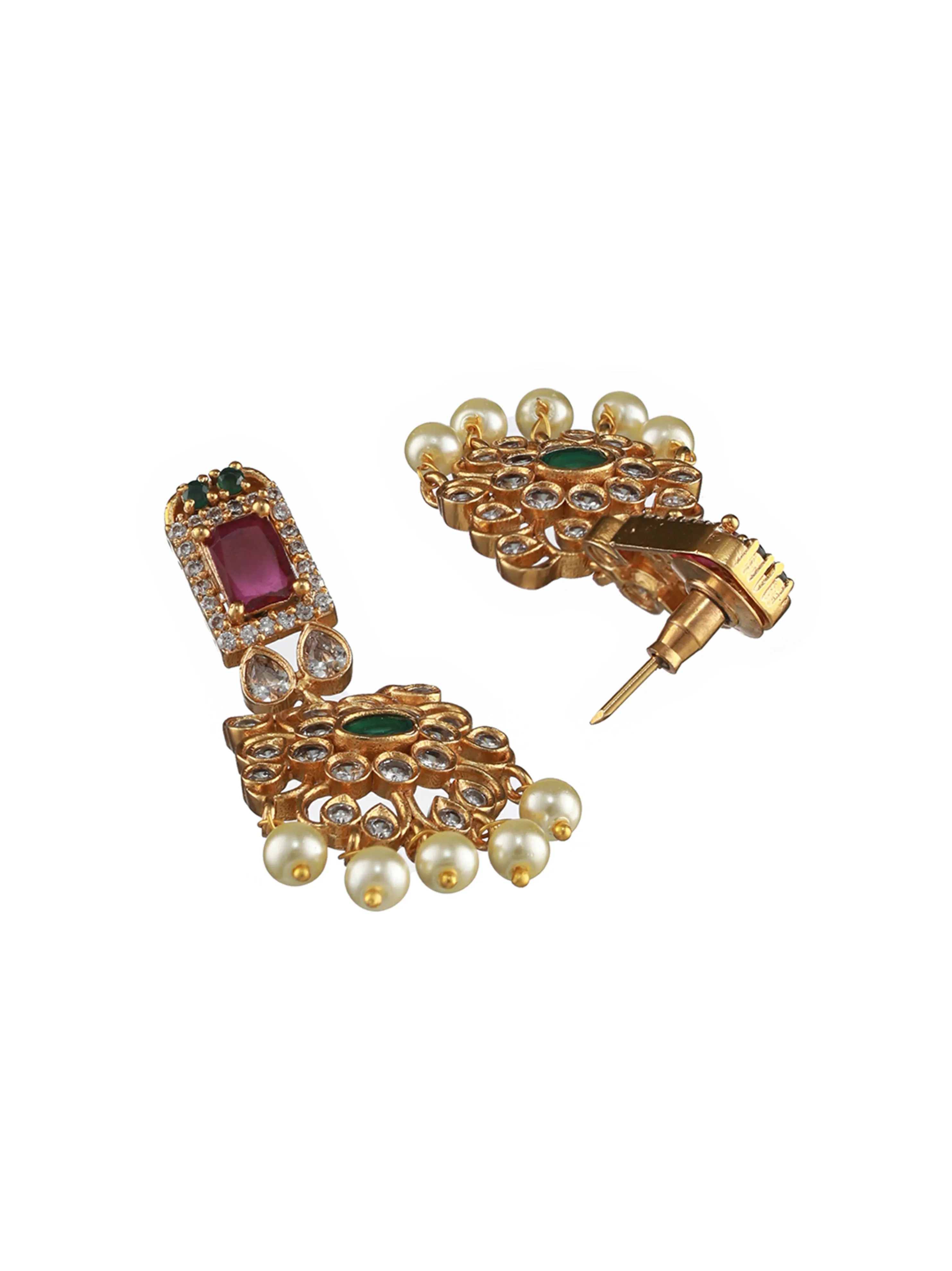 Gold-Plated American Diamond Studded Ruby & Emerald Stone Temple Choker Jewellery Set