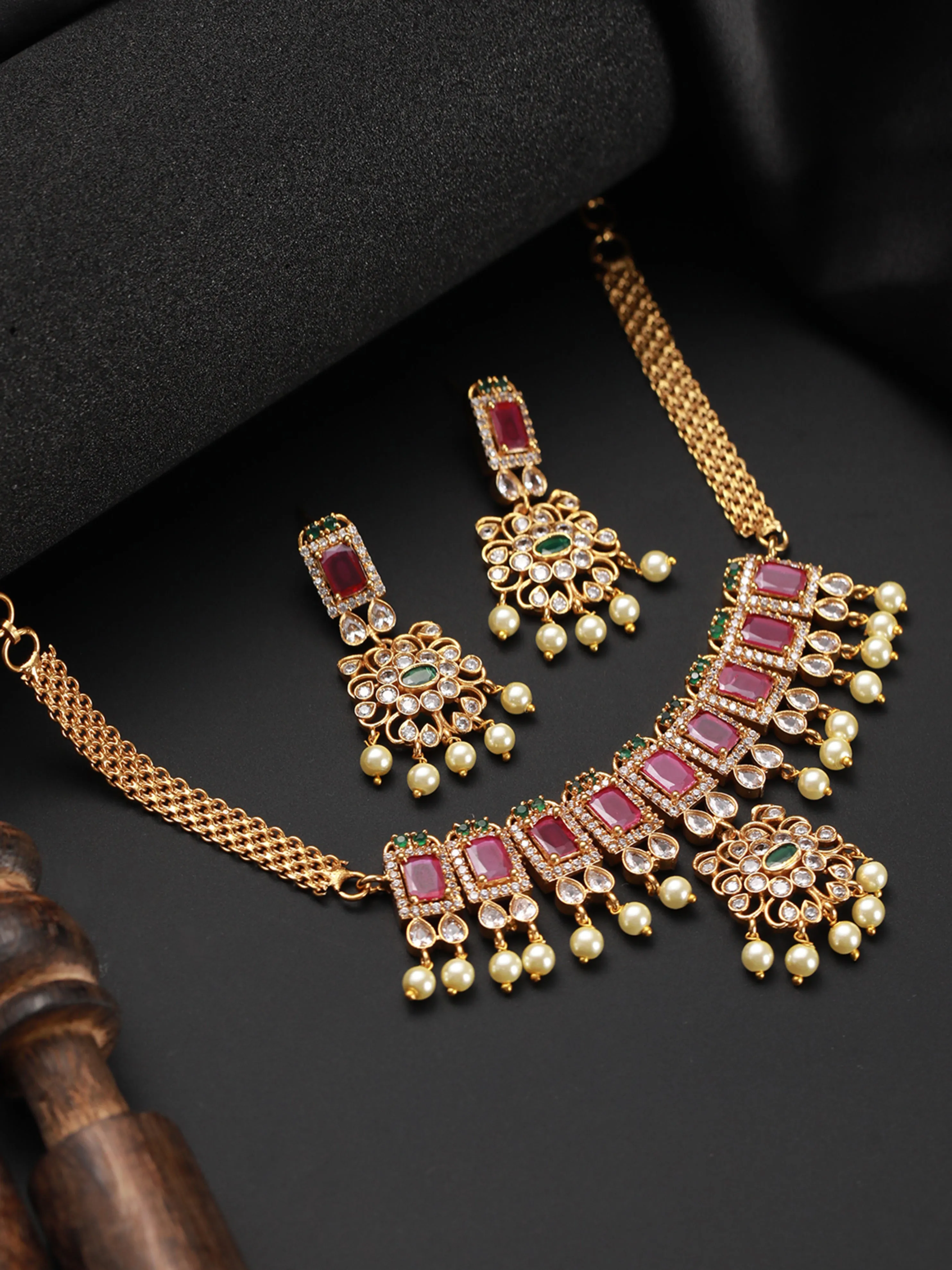 Gold-Plated American Diamond Studded Ruby & Emerald Stone Temple Choker Jewellery Set