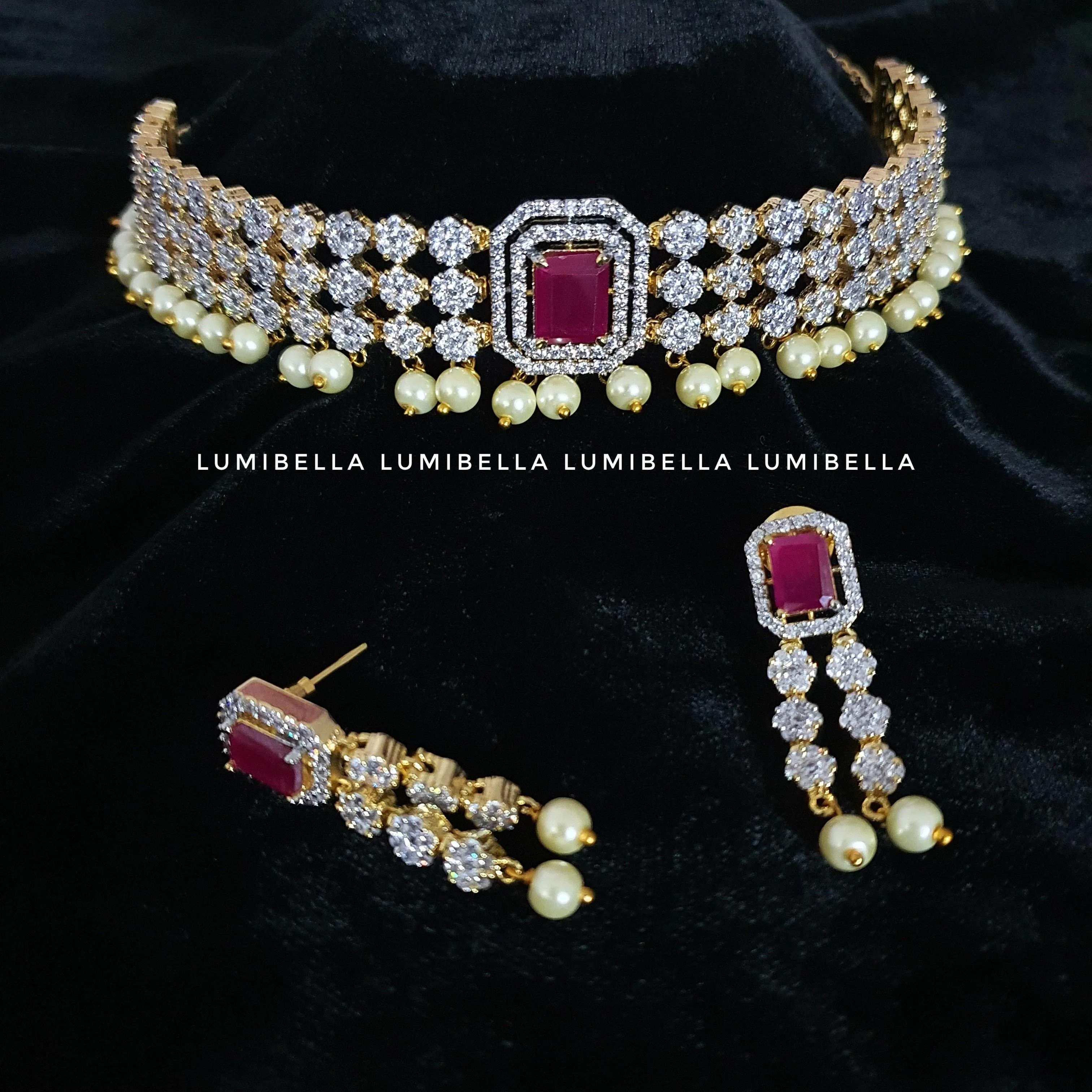 Gold Plated Statement Choker Necklace With Ruby And Pearls