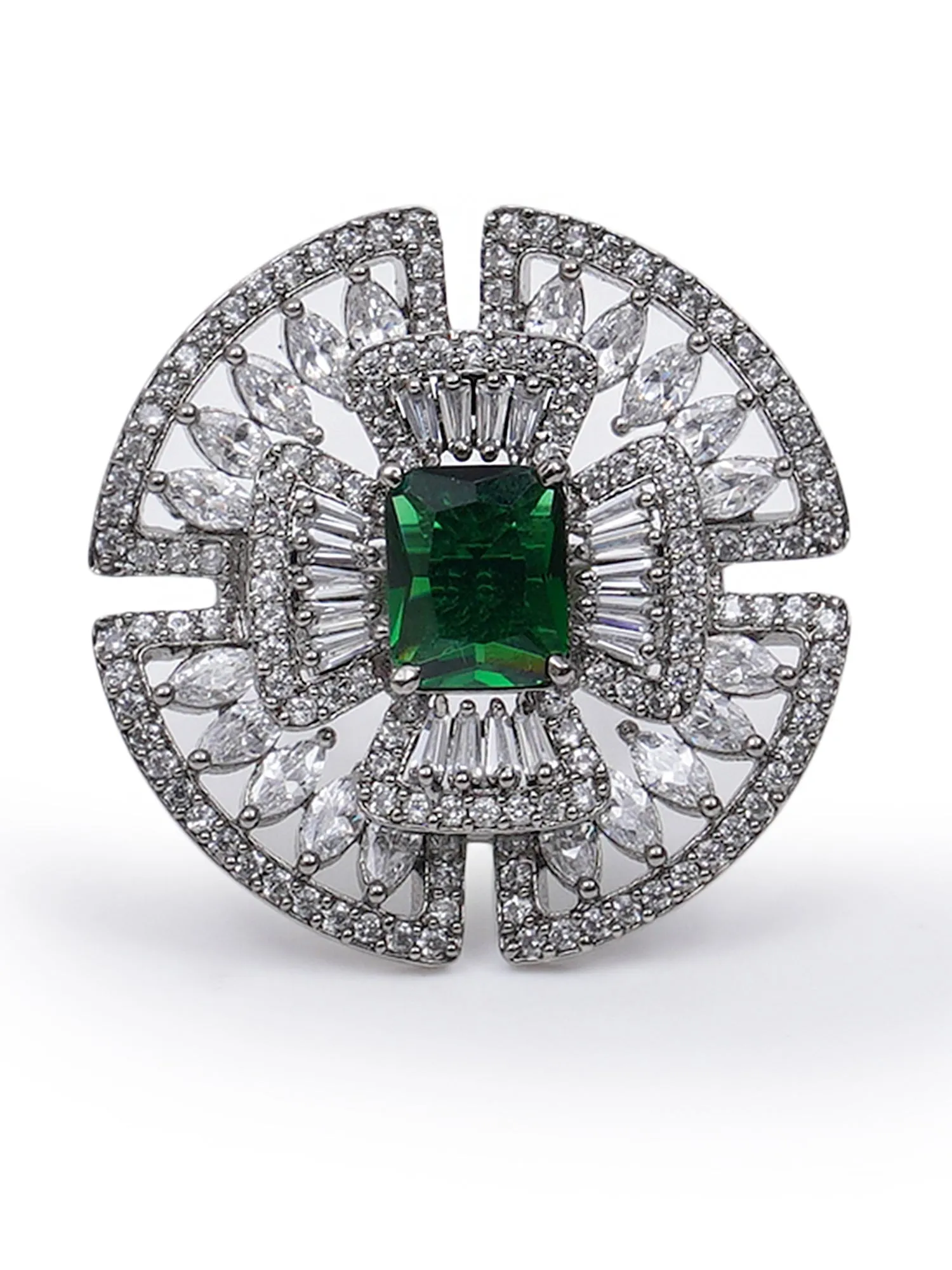 Green American Diamond Studded Adjustable Ring for Women