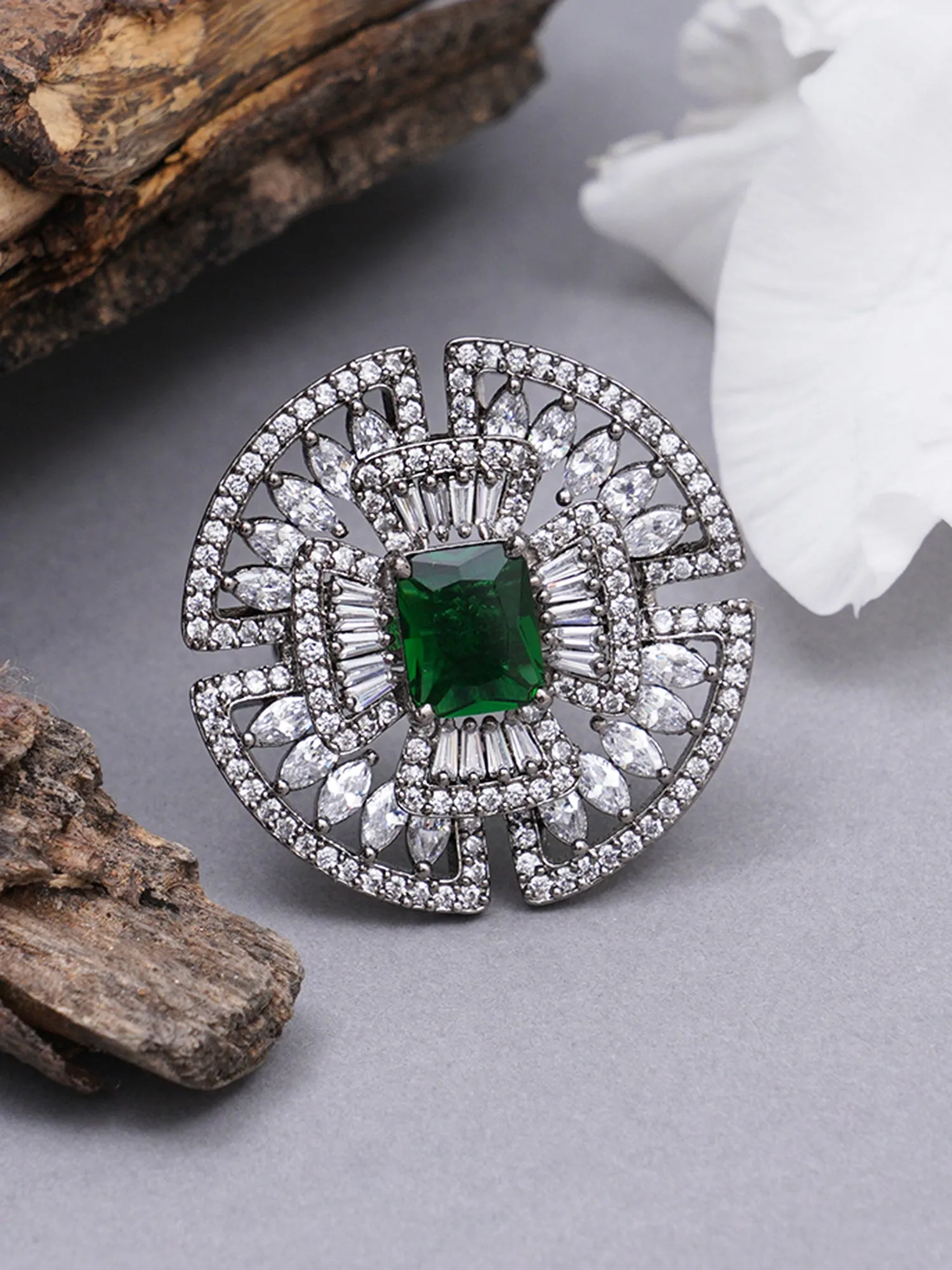 Green American Diamond Studded Adjustable Ring for Women