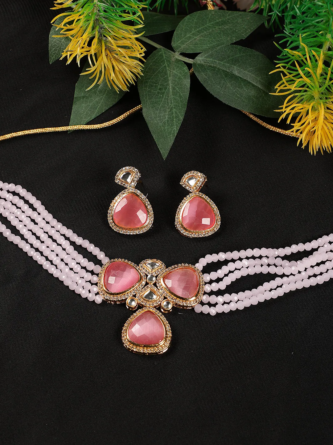 Jazz And Sizzle Gold Plated Peach Stone Studded & Pink Pearls Beaded Layered Necklace Set