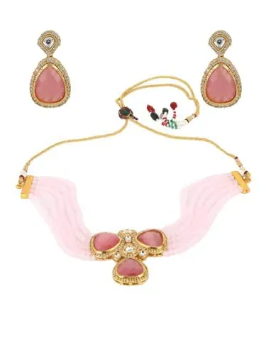 Jazz And Sizzle Gold Plated Peach Stone Studded & Pink Pearls Beaded Layered Necklace Set