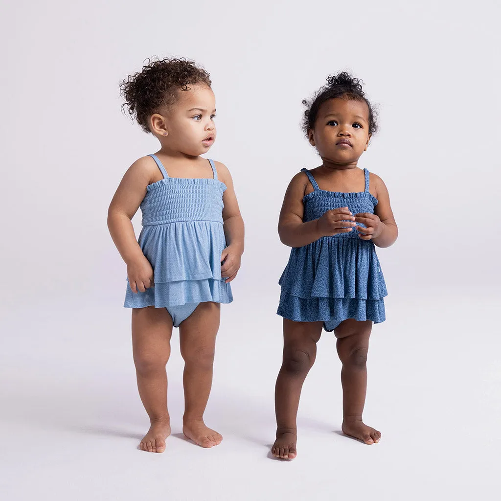 Light Blue Denim Smocked Tiered Bodysuit Dress