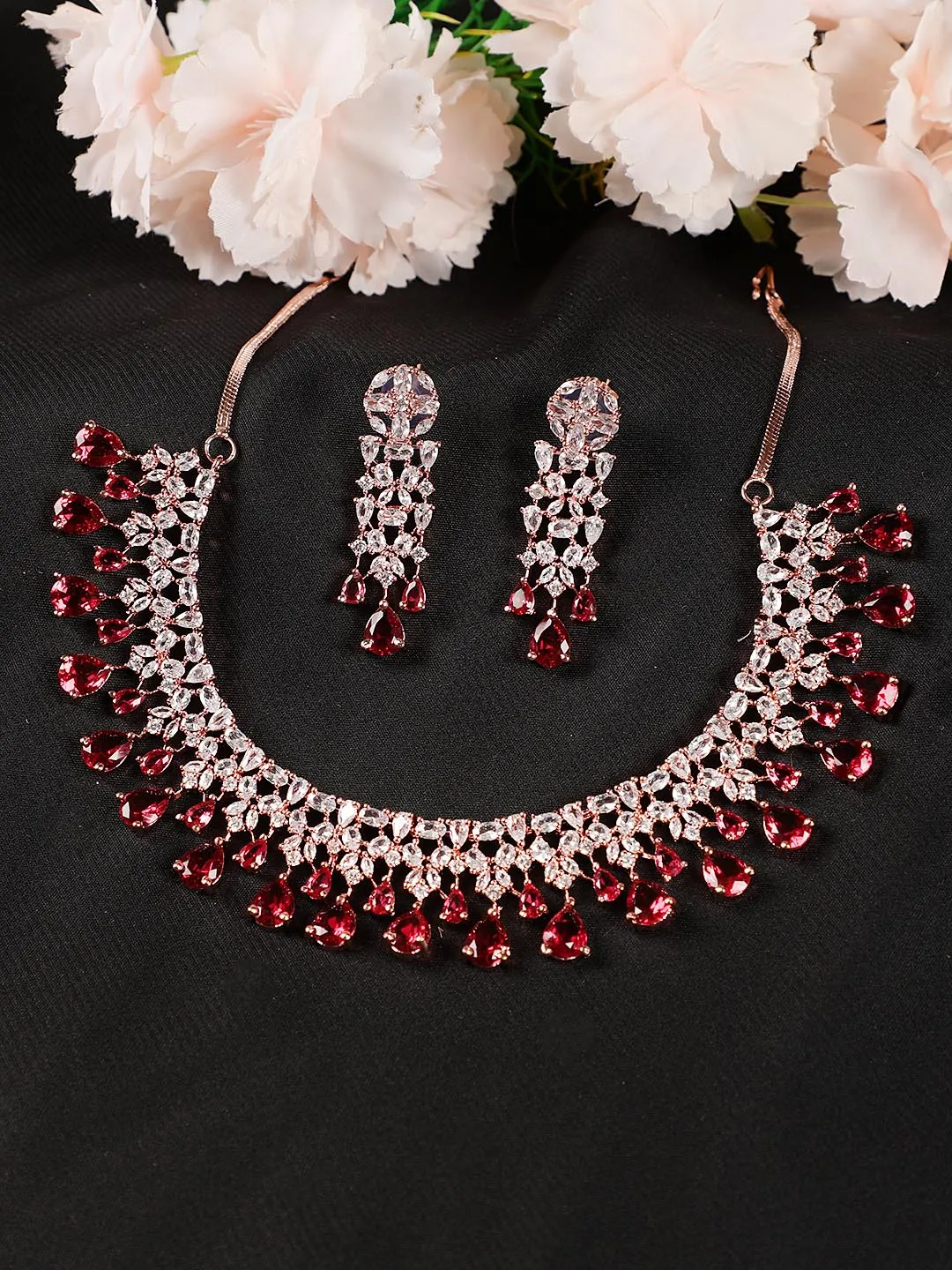 Maroon American Diamond Rose Gold Plated Jewellery Set