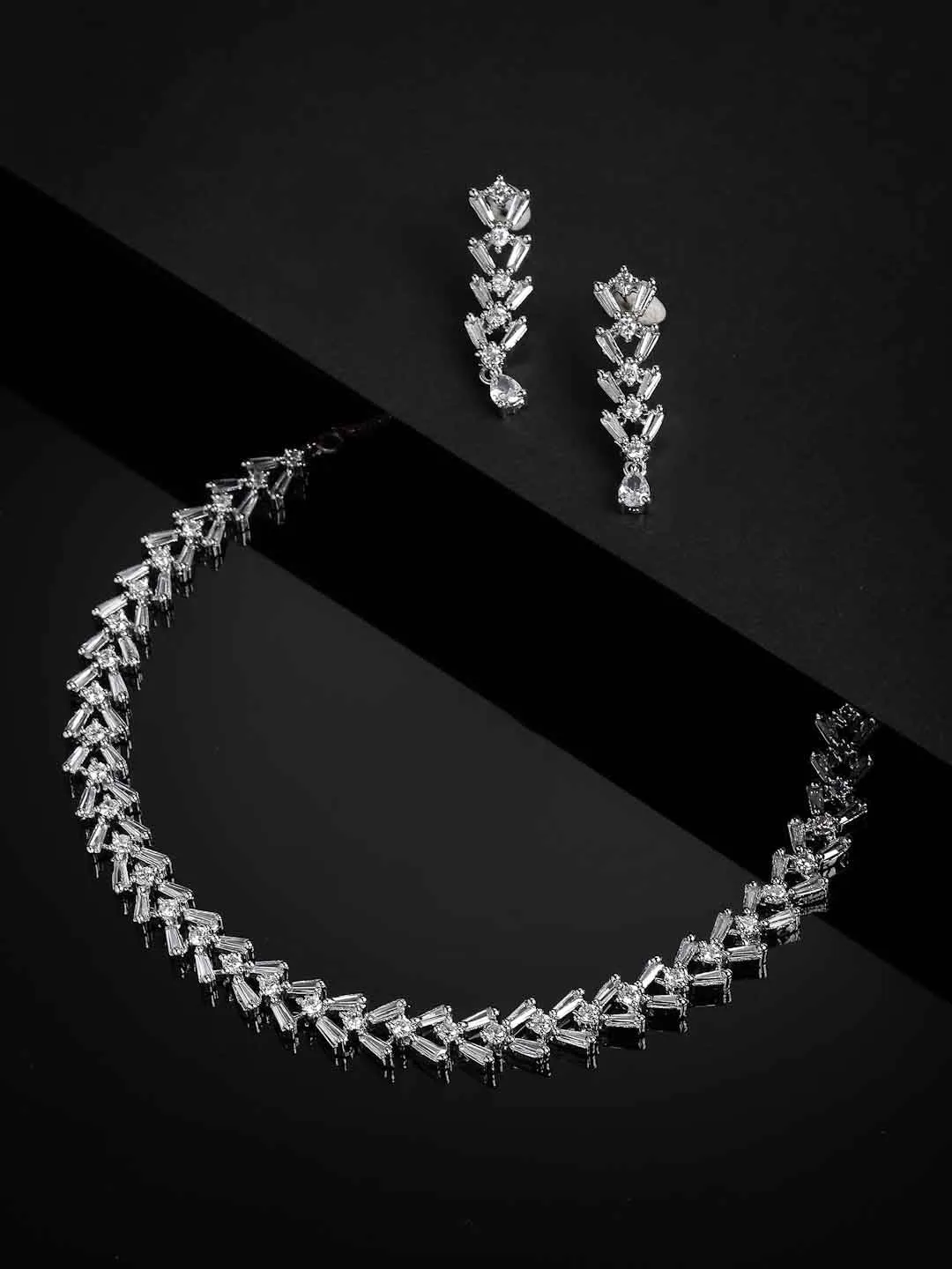 PANASH Rhodium-Plated White AD-Studded Jewellery Set