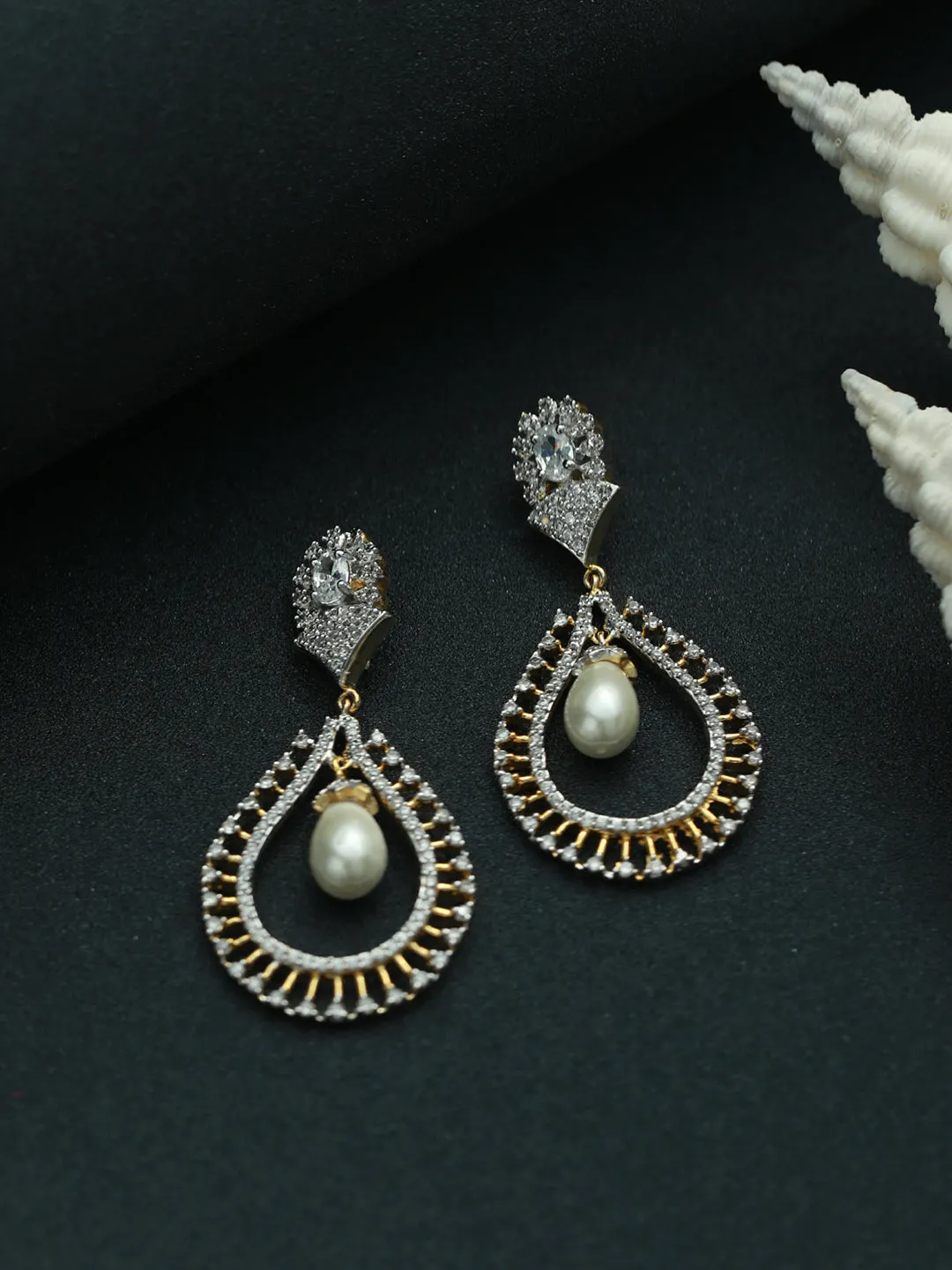 Pearl Drop & American Diamond Studded Pear Shaped Earrings