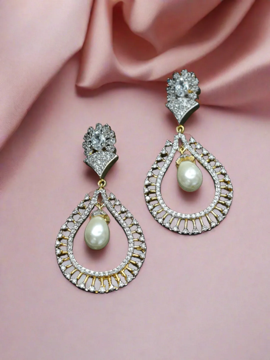 Pearl Drop & American Diamond Studded Pear Shaped Earrings