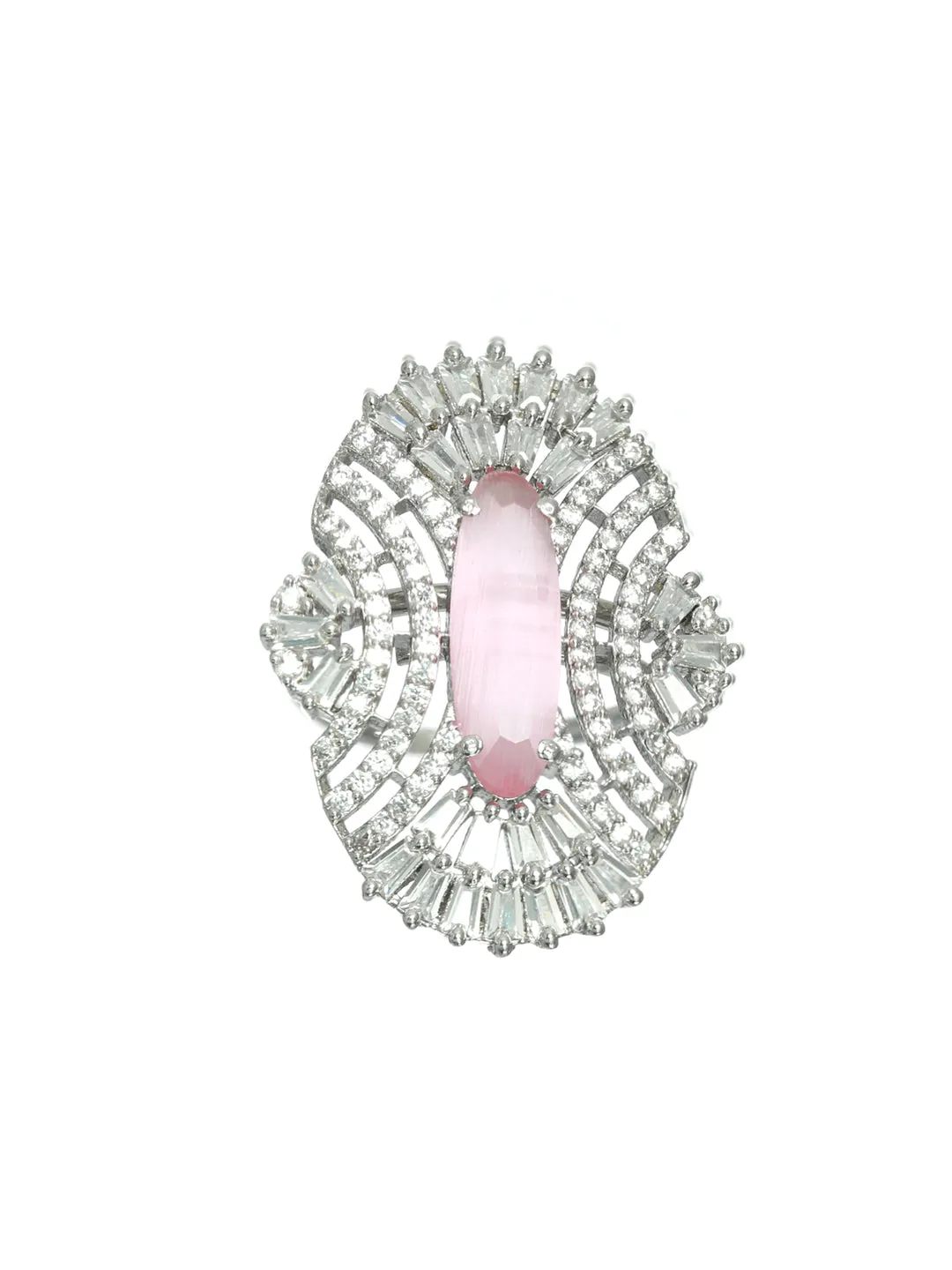 Pink American Diamond Studded,Silver-Plated Cz Studded Adjustable Finger Ring